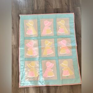 Vintage Appliqué Sunbonnet Sue Baby Quilt/Lap Quilt- Pink, Yellow, Aqua